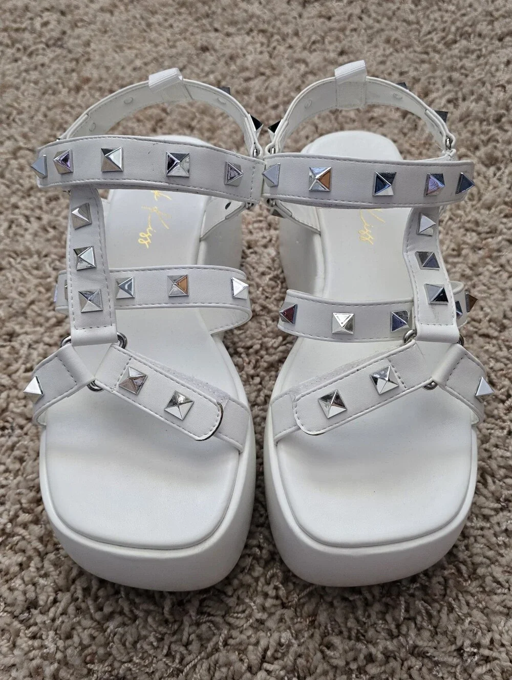 Pink Kiss Frankie White Studded Platform Velcro Sandals - women's 7